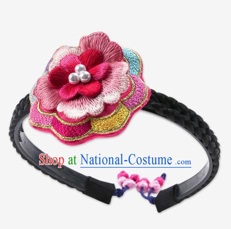 Traditional Korean Hair Accessories Embroidered Flowers Hair Clasp, Asian Korean Fashion Wedding Headband for Kids