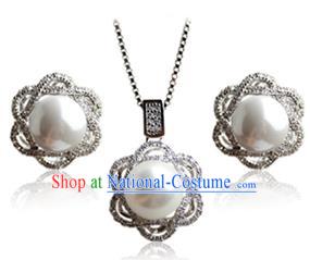 Traditional Korean Accessories Crystal Pearl Necklace and Earrings, Asian Korean Fashion Wedding Jewelry for Women