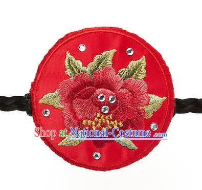 Traditional Korean Hair Accessories Embroidered Red Round Hair Clasp, Asian Korean Fashion Wedding Headband for Kids