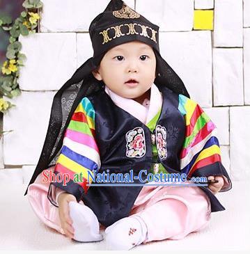 Traditional Korean Hair Accessories Embroidered Hat, Asian Korean Fashion Prince Black Hats for Kids