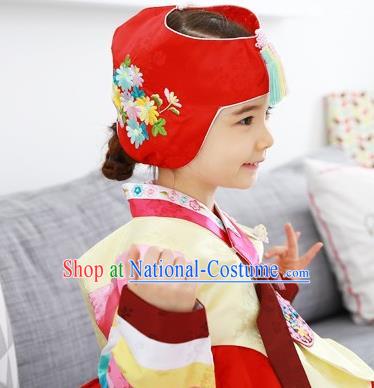 Traditional Korean Hair Accessories Embroidered Hat, Asian Korean Fashion Baby Princess Red Hats for Kids