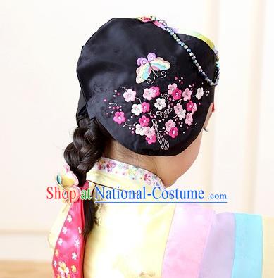 Traditional Korean Hair Accessories Embroidered Butterfly Hat, Asian Korean Fashion Baby Princess Black Hats for Kids