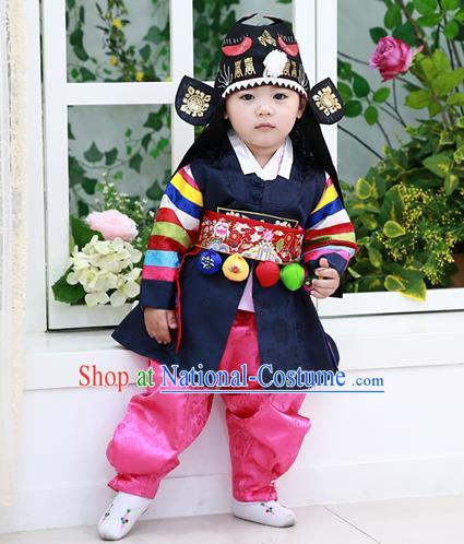 Traditional Korean National Handmade Court Embroidered Prince Costume, Asian Korean Boys Black Hanbok Clothing for Kids