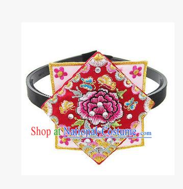 Traditional Korean Hair Accessories Square Embroidered Flowers Red Hair Clasp, Asian Korean Fashion Headwear Headband for Kids