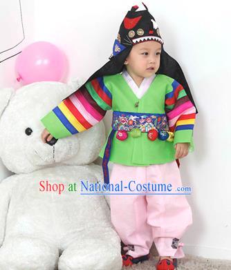 Traditional Korean Handmade Hanbok Embroidered Green Costume, Asian Korean Apparel Hanbok Embroidery Clothing for Boys