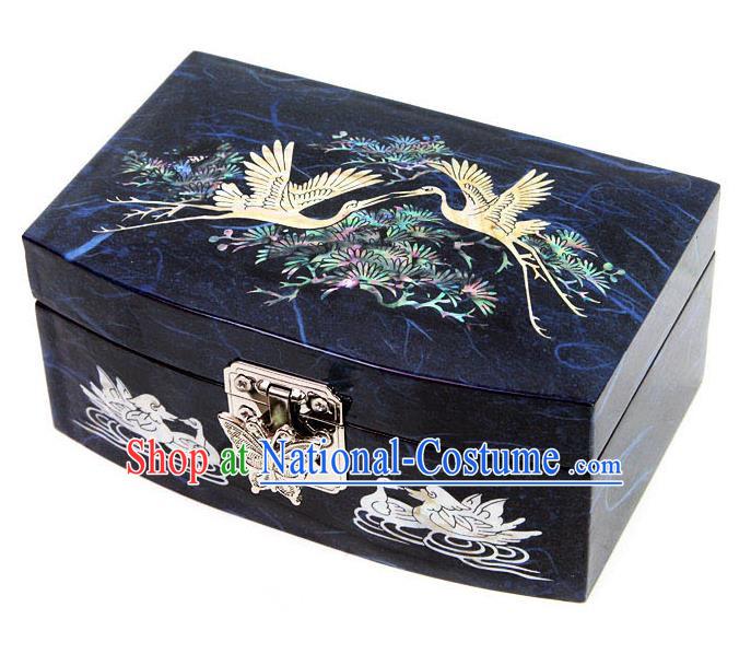 Traditional Korean Craft Handmade Printing Crane Blue Shell Cosmetic Container, Asian Korean Wedding Jewellery Box for Women