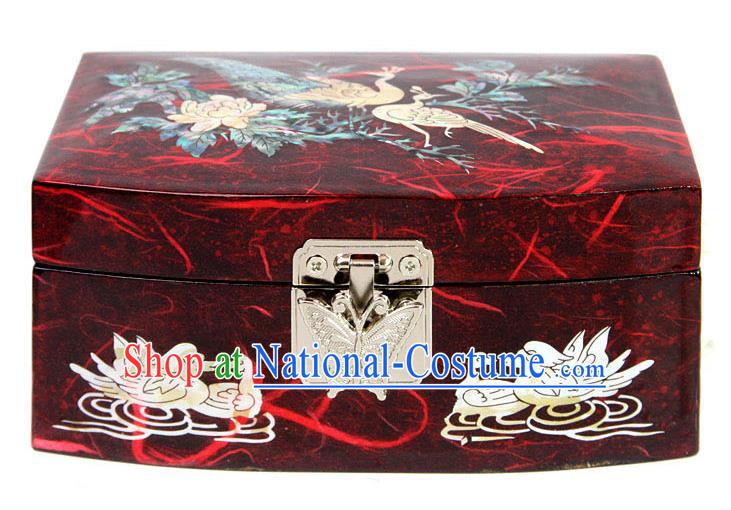 Traditional Korean Craft Handmade Printing Crane Red Shell Cosmetic Container, Asian Korean Wedding Jewellery Box for Women