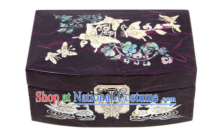 Traditional Korean Craft Handmade Printing Crane Purple Shell Cosmetic Container, Asian Korean Wedding Jewellery Box for Women