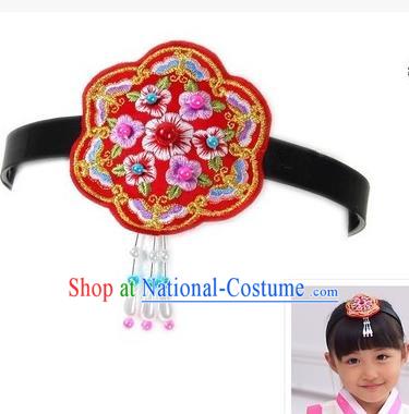 Traditional Korean Hair Accessories Embroidered Flowers Red Hair Clasp, Asian Korean Fashion Headwear Headband for Kids