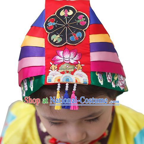 Traditional Korean Hair Accessories Bride Red Embroidered Hats, Asian Korean Fashion Wedding Headwear for Kids