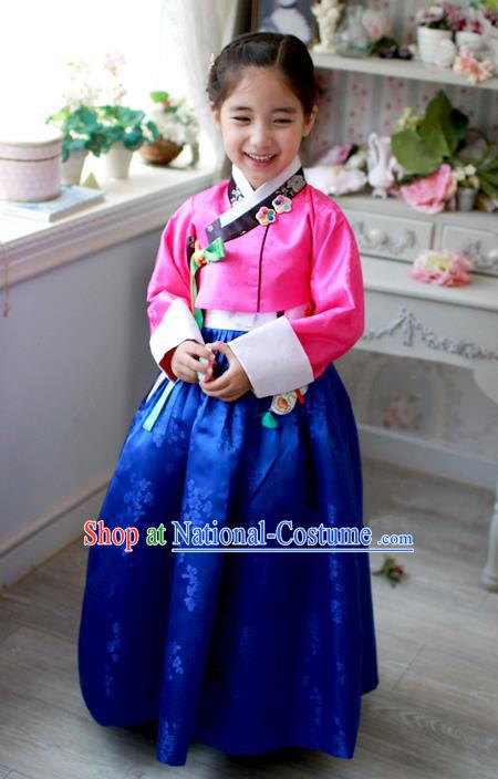 Traditional Korean Handmade Hanbok Embroidered Costume Pink Blouse and Blue Dress, Asian Korean Apparel Hanbok Clothing for Girls