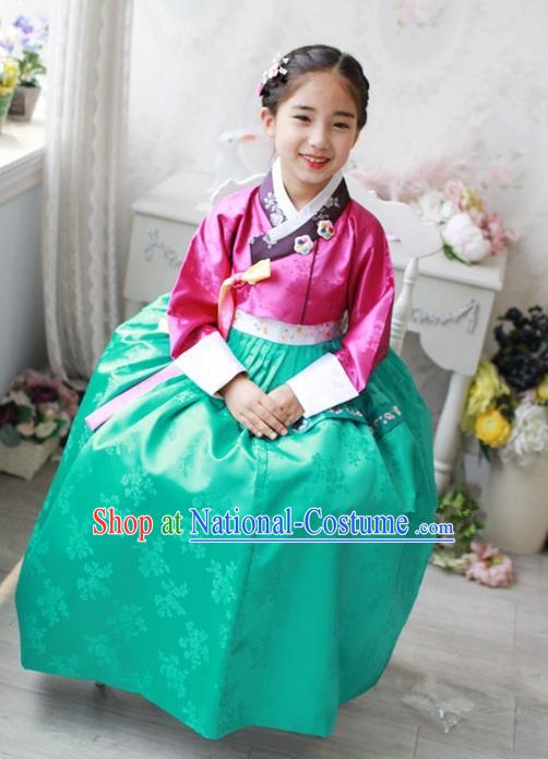 Traditional Korean Handmade Hanbok Embroidered Costume Pink Blouse and Green Dress, Asian Korean Apparel Hanbok Clothing for Girls