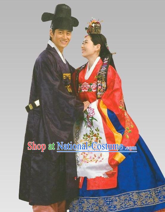 Traditional Korean Handmade Formal Occasions Wedding Costume Complete Set, Asian Korean Apparel Bride and Bridegroom Hanbok Clothing