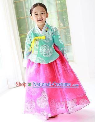 Traditional Korean Handmade Hanbok Embroidered Costume Green Blouse and Pink Dress, Asian Korean Apparel Hanbok Clothing for Girls