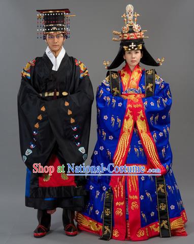 Traditional Korean Handmade Formal Occasions Court Wedding Costume Complete Set, Asian Korean Apparel Bride and Bridegroom Hanbok Clothing