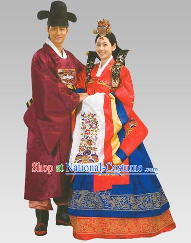 Traditional Korean Handmade Formal Occasions Court Wedding Costume Complete Set, Asian Korean Apparel Bride and Bridegroom Hanbok Clothing