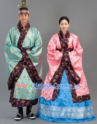 Traditional Korean Handmade Formal Occasions Embroidered Wedding Costume, Asian Korean Apparel Bride and Bridegroom Hanbok Clothing Complete Set