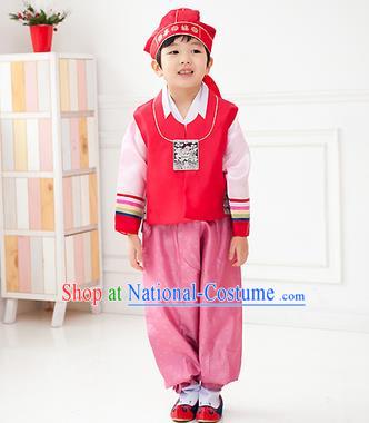 Traditional Korean Handmade Hanbok Embroidered Red Formal Occasions Costume, Asian Korean Apparel Hanbok Clothing for Boys