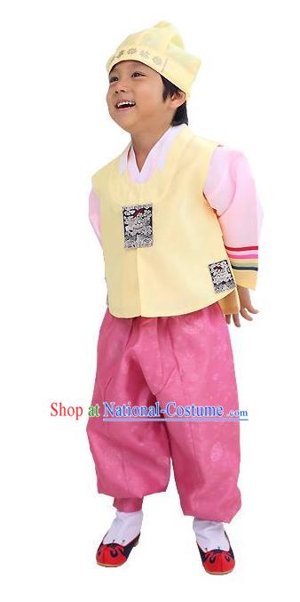 Traditional Korean Handmade Hanbok Embroidered Yellow Formal Occasions Costume, Asian Korean Apparel Hanbok Clothing for Boys