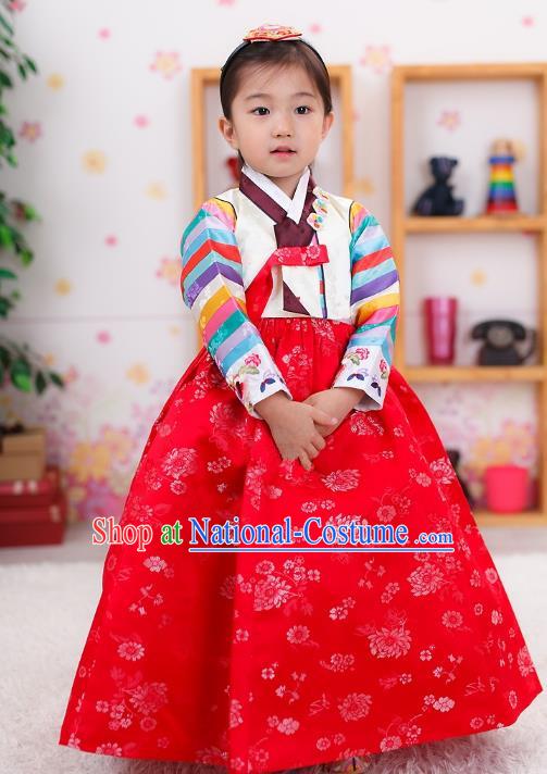 Traditional Korean Handmade Formal Occasions Embroidered Girls Costume, Asian Korean Apparel Bride Hanbok Red Dress Clothing for Kids