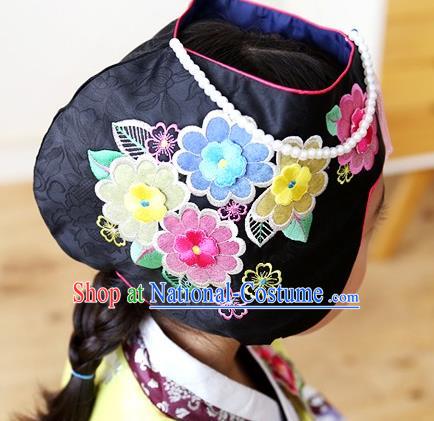 Traditional Korean Hair Accessories Bride Black Embroidered Hats, Asian Korean Fashion Wedding Headwear for Kids