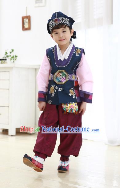 Traditional Korean Handmade Hanbok Embroidered Formal Occasions Blue Costume, Asian Korean Apparel Hanbok Clothing for Boys