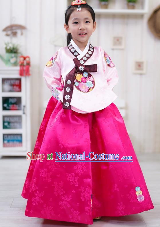 Traditional Korean Handmade Formal Occasions Embroidered Girls Wedding Costume, Asian Korean Apparel Palace Hanbok Rosy Dress Clothing for Kids