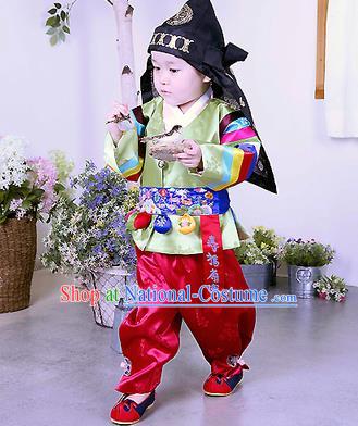 Traditional Korean Handmade Formal Occasions Embroidered Palace Prince Hanbok Green Clothing for Kids