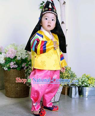 Traditional Korean Handmade Formal Occasions Embroidered Palace Prince Hanbok Yellow Clothing for Kids