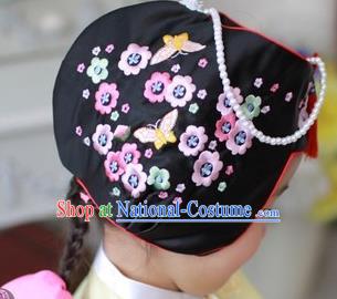 Traditional Korean Hair Accessories Embroidered Flowers Black Hats, Asian Korean Fashion Children Wedding Headwear for Girls