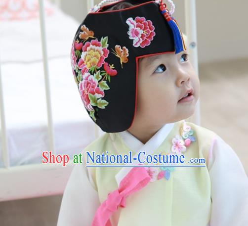 Traditional Korean Hair Accessories Embroidered Flowers Black Hats, Asian Korean Fashion Children Wedding Headwear for Girls