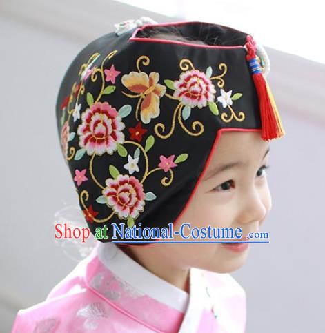 Traditional Korean Hair Accessories Bride Black Embroidered Hats, Asian Korean Fashion Wedding Tassel Headwear for Kids