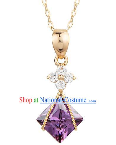 Traditional Korean Accessories Purple Crystal Necklace, Asian Korean Fashion Wedding Tassel 14K Gold Necklet Decorations for Women