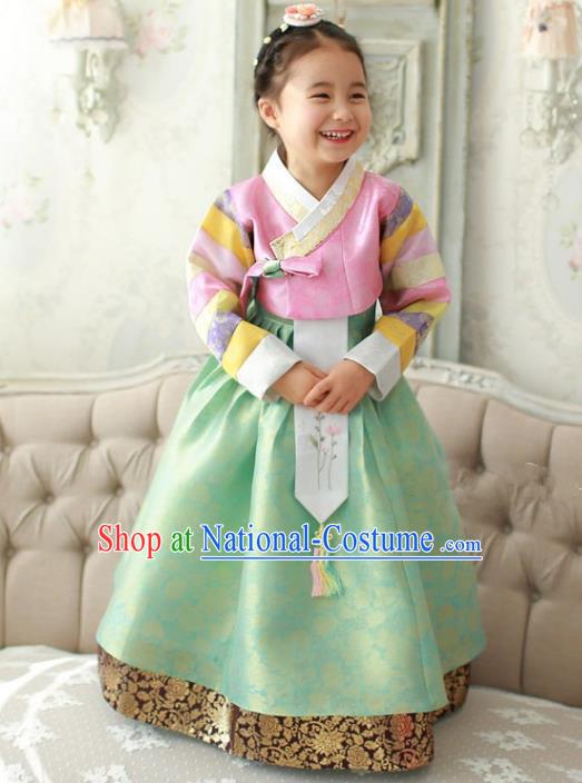 Traditional Korean Handmade Formal Occasions Embroidered Palace Princess Hanbok Green Dress Clothing for Girls