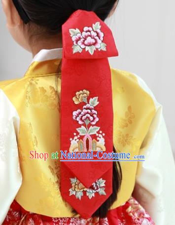 Traditional Korean Hair Accessories Palace Princess Embroidery Red Hair Ribbons, Asian Korean National Fashion Children Headband for Girls