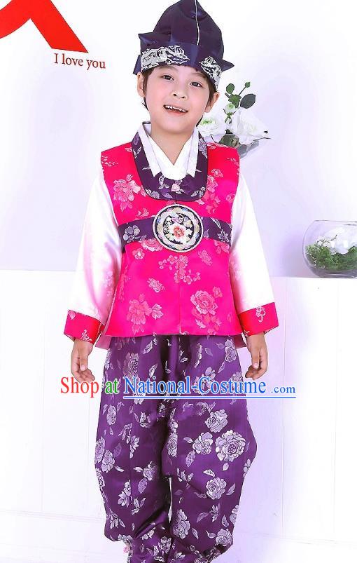 Traditional Korean Handmade Formal Occasions Pink Costume and Hats, Asian Korean Apparel Hanbok Clothing for Boys