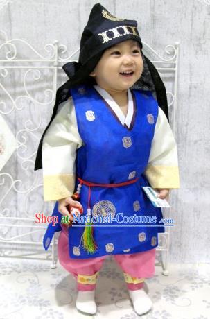 Traditional Korean Handmade Formal Occasions Deep Blue Costume and Hats, Asian Korean Apparel Hanbok Clothing for Boys