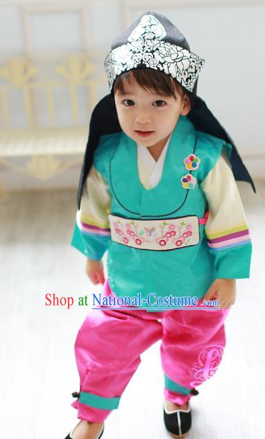 Traditional Korean Handmade Formal Occasions Green Costume and Hats, Asian Korean Apparel Hanbok Clothing for Boys