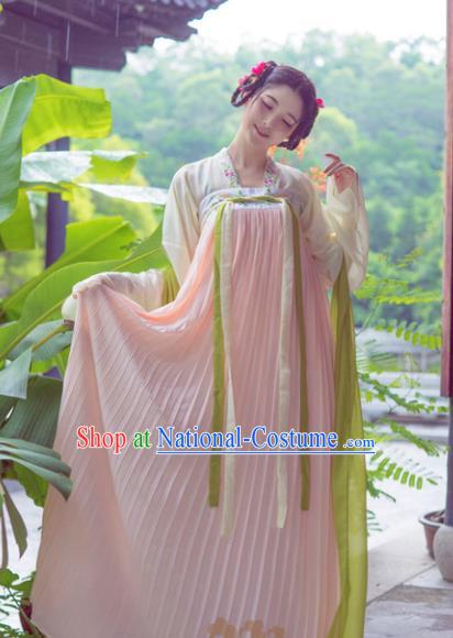 Asian China Tang Dynasty Young Lady Embroidered Costume, Traditional Chinese Ancient Hanfu Princess Clothing for Women