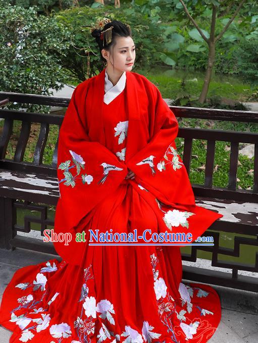 Asian China Han Dynasty Palace Lady Wedding Costume Red Embroidered Cloak, Traditional Chinese Ancient Hanfu Cape Clothing for Women