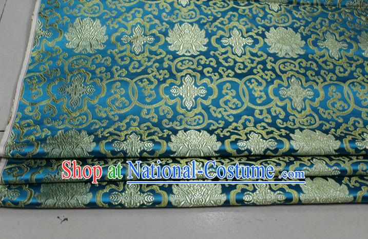 Chinese Traditional Royal Palace Golden Rich Flowers Pattern Lake Blue Brocade Cheongsam Fabric, Chinese Ancient Costume Satin Hanfu Tang Suit Material