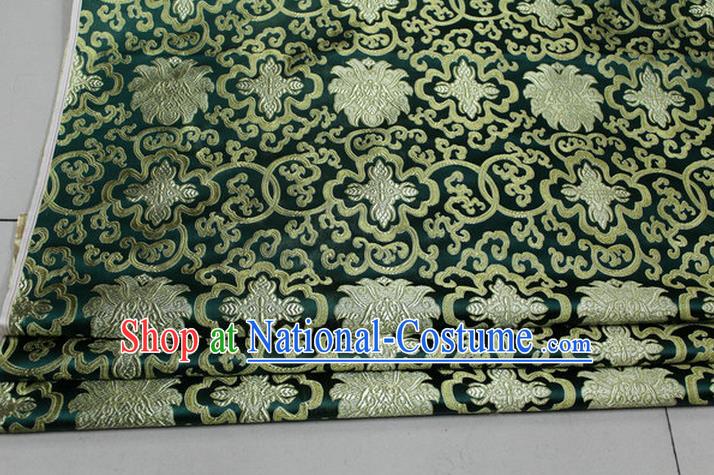 Chinese Traditional Royal Palace Golden Rich Flowers Pattern Deep Green Brocade Cheongsam Fabric, Chinese Ancient Costume Satin Hanfu Tang Suit Material