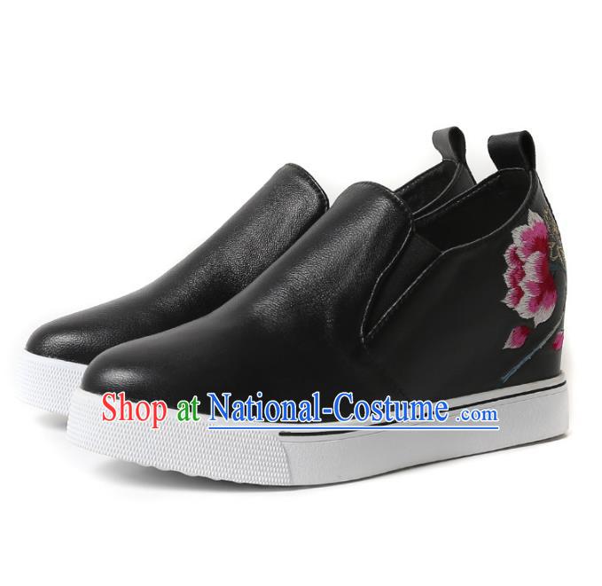 Asian Chinese Traditional Shoes Black Embroidered Boots, China Handmade Embroidery Peony Shoes for Women