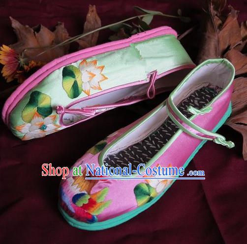 Traditional Chinese Ancient Princess Shoes Pink Embroidered Boots, China Handmade Embroidery Lotus Hanfu Shoes for Women