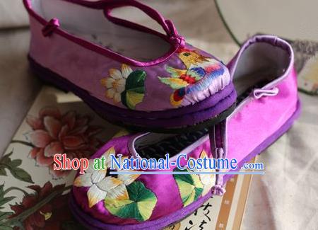 Traditional Chinese Ancient Princess Shoes Purple Cloth Embroidered Shoes, China Handmade Embroidery Lotus Hanfu Shoes for Women