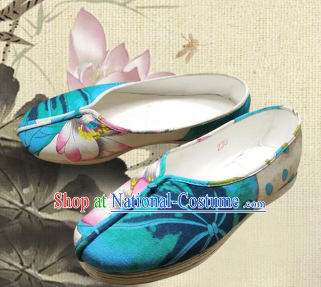 Traditional Chinese Ancient Princess Wedding Linen Shoes, China Handmade Printing Lotus Hanfu Shoes for Women