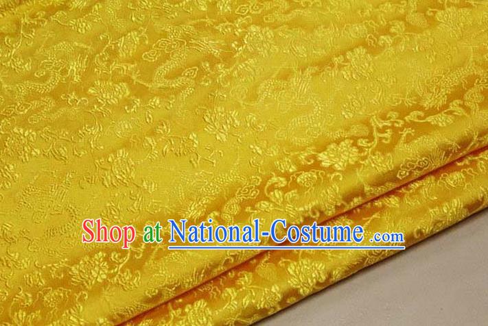 Chinese Traditional Royal Palace Dragons Pattern Tang Suit Yellow Brocade Fabric, Chinese Ancient Costume Satin Hanfu Mongolian Robe Material