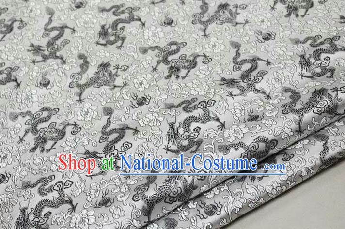 Chinese Traditional Royal Palace Black Dragons Pattern Tang Suit White Brocade Fabric, Chinese Ancient Costume Satin Hanfu Mongolian Robe Material