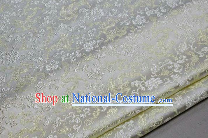 Chinese Traditional Royal Palace Yellow Dragons Pattern Tang Suit White Brocade Fabric, Chinese Ancient Costume Satin Hanfu Mongolian Robe Material