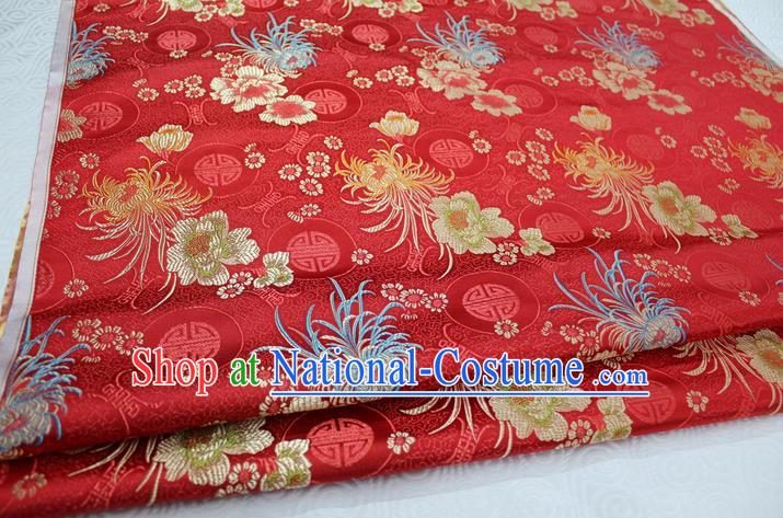 Chinese Traditional Royal Palace Longevity Chrysanthemum Pattern Tang Suit Cheongsam Red Brocade Fabric, Chinese Ancient Costume Hanfu Material